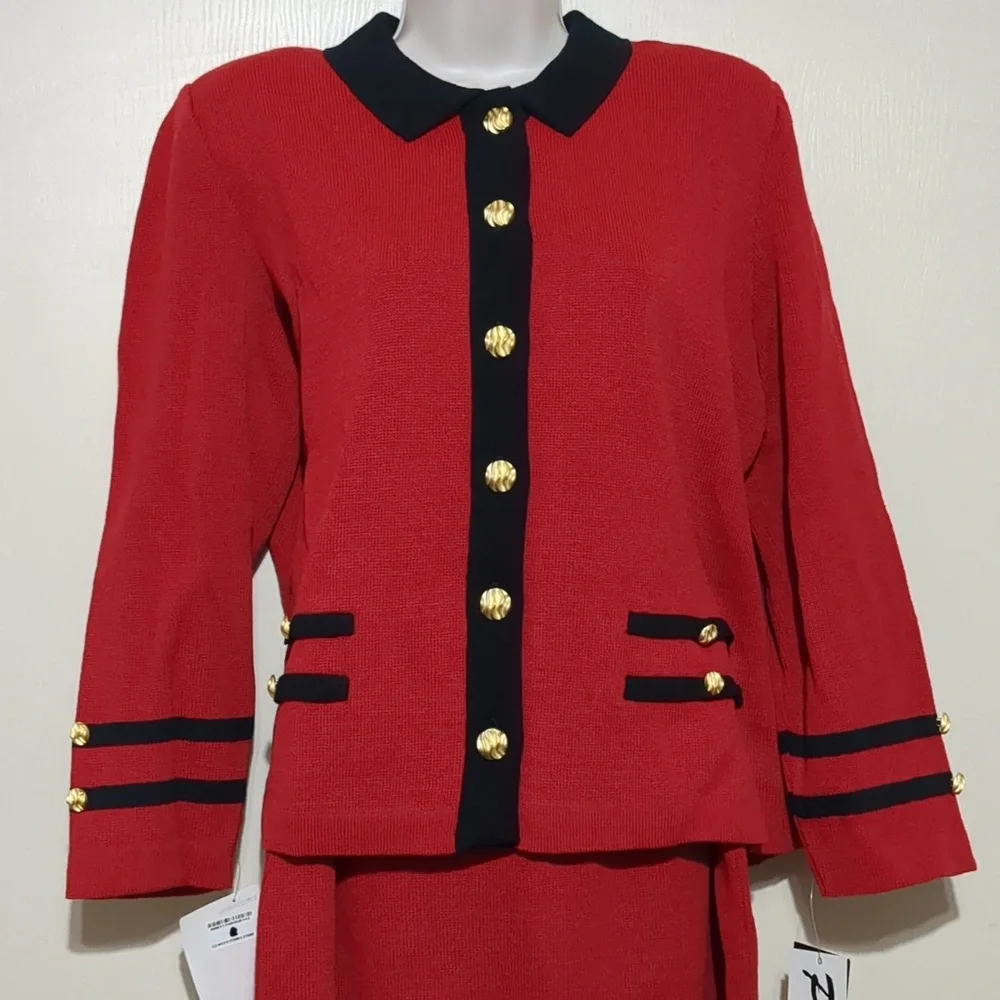 Vintage Mita Women's 2PC Knit Suit Jacket & Skirt red Black Size 14 - Picture 2 of 12